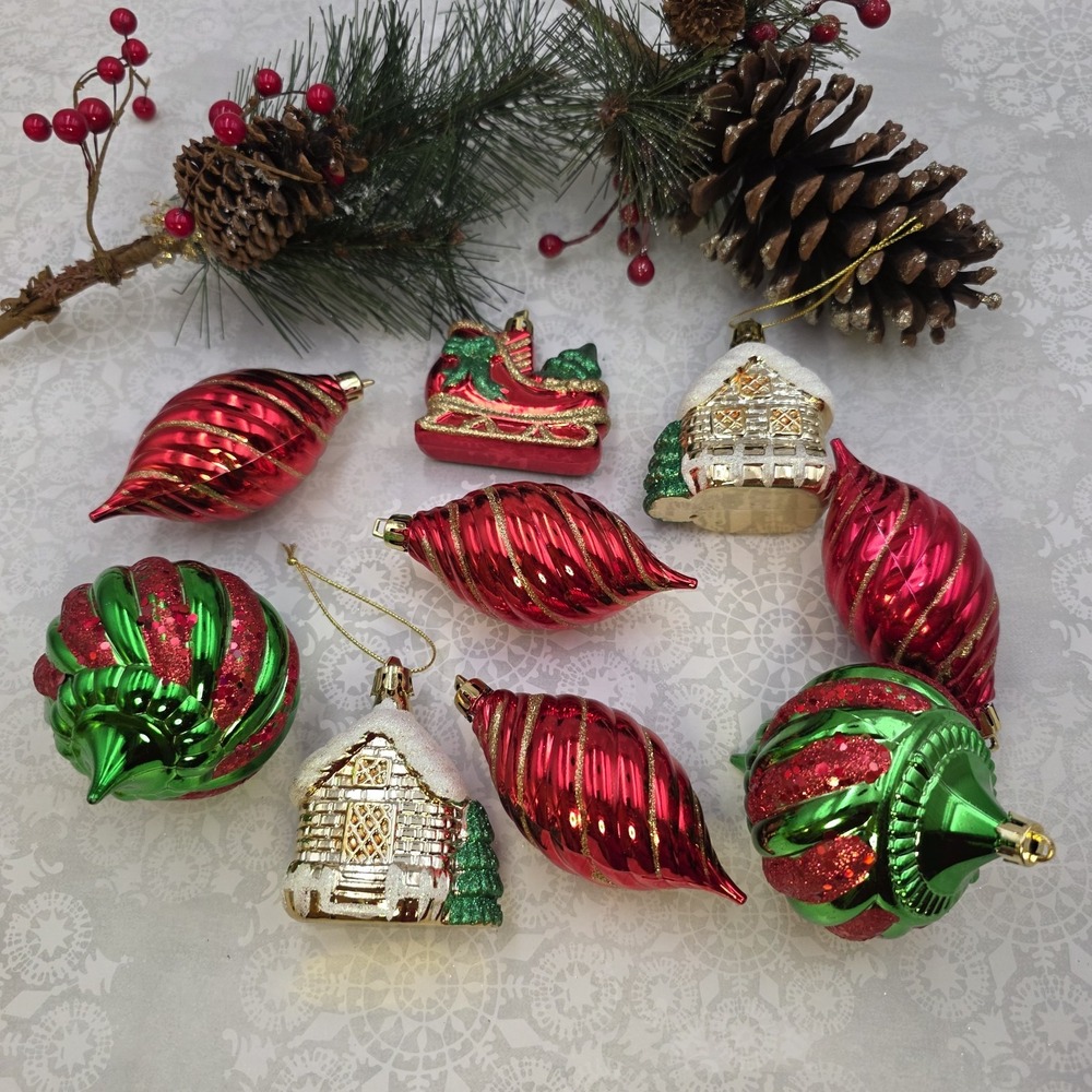 9 VTG Shatterproof Christmas Ornaments Red Green Gold Swirl Finial Cabin Sleigh